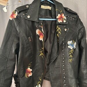 Zara Embroidered Black Faux Leather Jacket
